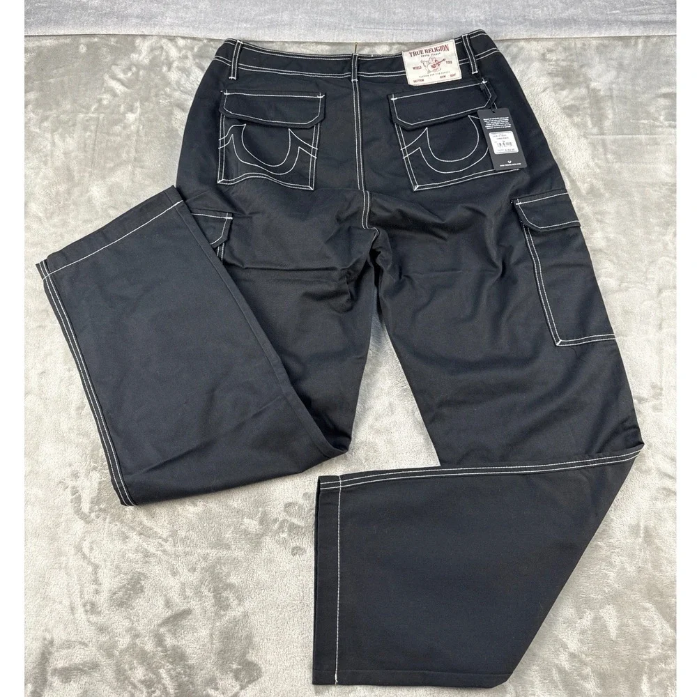 True Religion Cargo Pants Mens 34 Jet Black Contrast Stitch NEW